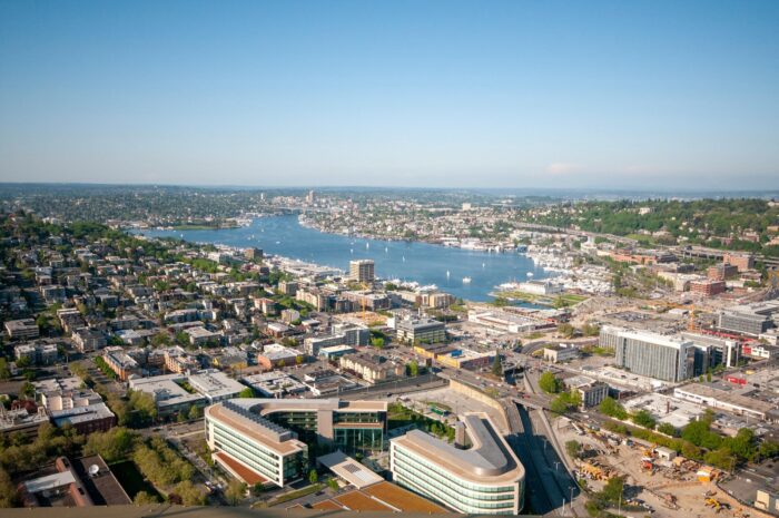 Aerial view of Seattle with Lake Union and modern buildings
