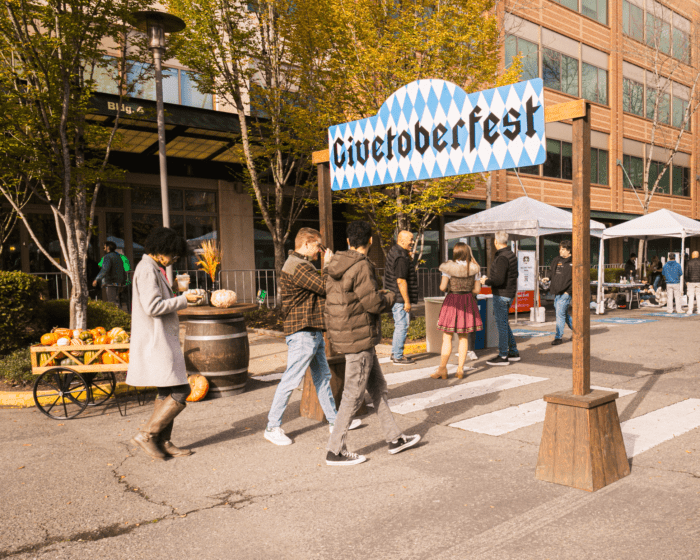 Givetoberfest welcome entry sign registration fall event design corporat event planning seattle